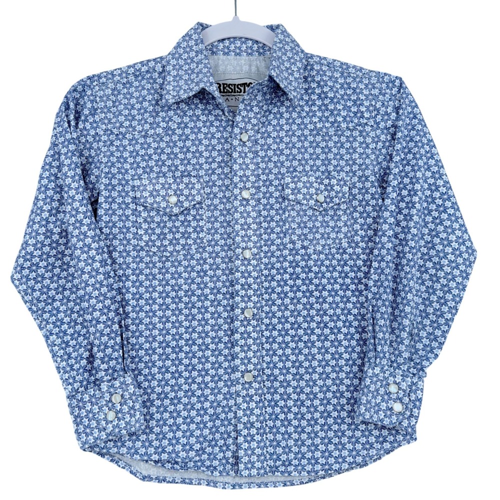 Resistol Ranch Western Snap Shirt Kids Small 100% Cotton Blue White Floral